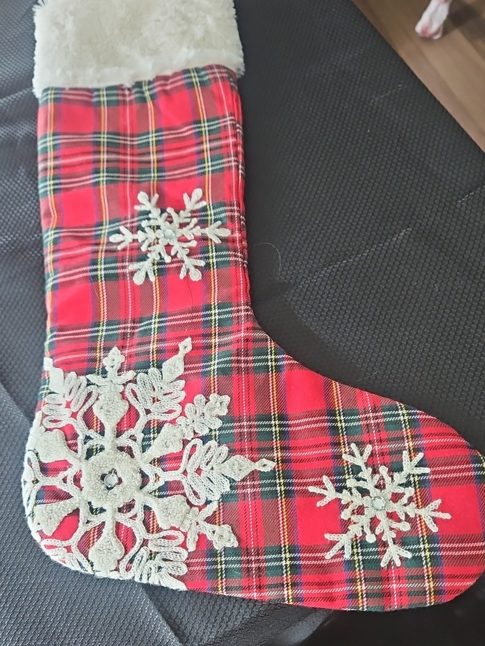 Plaid Red Christmas Stocking with White Snowflake Appliqués
